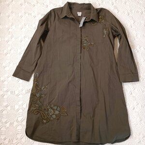 New Chicos Shirt Dress Knee Length Army Green Floral Embroidery  16-18 Women NWT